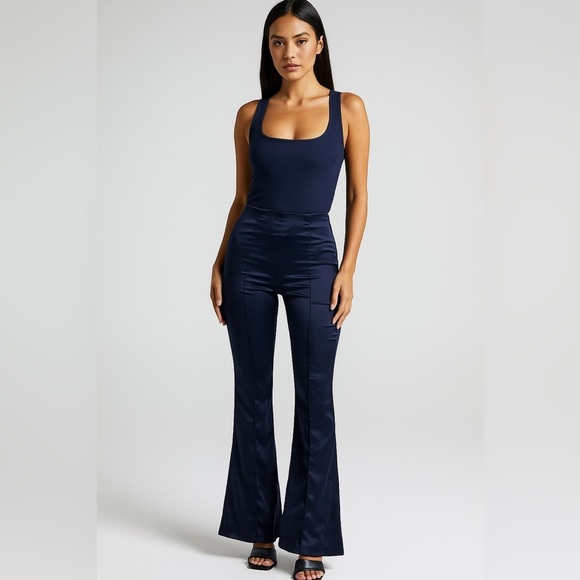 Femme LA Pants - Femme LA | Navy Blue Satin High Waisted Flare Pants